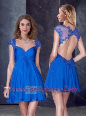 V Neck Backless Blue Prom Dress with Appliques and Beading