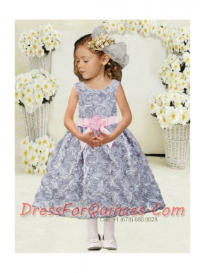 Formal Scoop Tea-length Grey Flower Girl Dress in Grey
