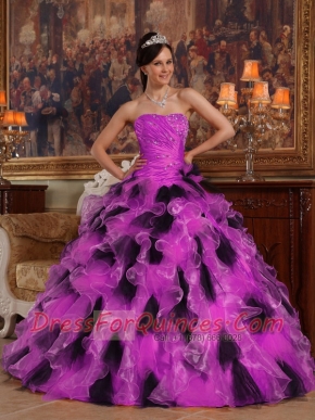 Fuchsia and Black Ball Gown Strapless Quinceanera Dress  with Organza