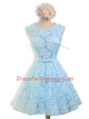 Fashion Lace Scoop Sleeveless Lace Up Belt Dama Dress in Light Blue