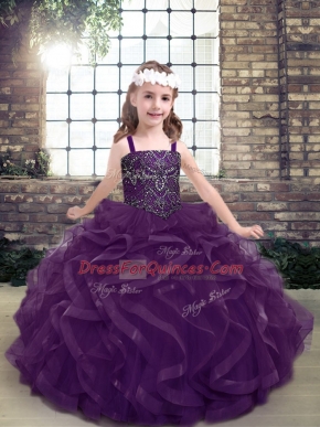 Latest Purple Lace Up Straps Beading and Ruffles Pageant Gowns For Girls Tulle Sleeveless
