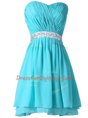 Decent Chiffon Sweetheart Sleeveless Lace Up Beading and Ruching Prom Dress in Aqua Blue