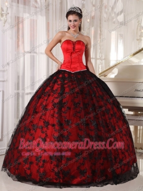 Red Ball Gown Sweetheart Floor-length Tulle and Taffeta Lace Quinceanera Dress