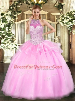 Halter Top Sleeveless Lace Up Sweet 16 Dress Pink Tulle