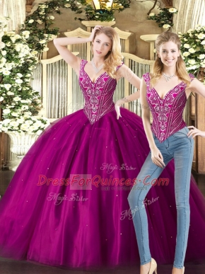 Hot Selling V-neck Sleeveless Lace Up Quince Ball Gowns Fuchsia Tulle