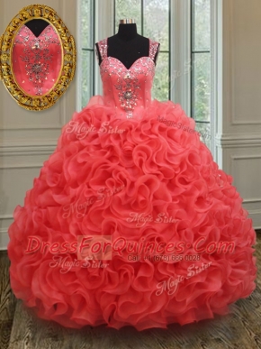 Extravagant Coral Red Straps Zipper Beading Quinceanera Gowns Sleeveless