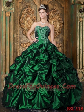 Hunter Green Sweetheart Taffeta Ball Gown Dress with Pick Ups and Beading