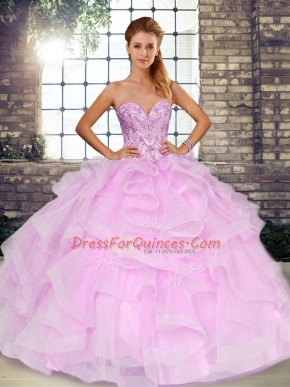 Classical Lilac Ball Gowns Tulle Sweetheart Sleeveless Beading and Ruffles Floor Length Lace Up 15 Quinceanera Dress