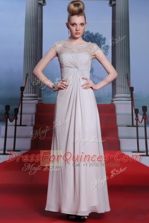 Custom Fit Silver Column/Sheath Bateau Sleeveless Chiffon Floor Length Side Zipper Beading and Lace and Ruching Homecoming Dress