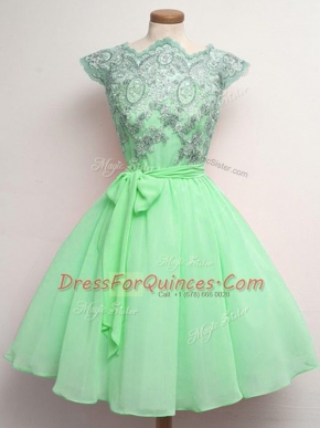 Superior A-line Quinceanera Dama Dress Apple Green Scalloped Chiffon Cap Sleeves Knee Length Lace Up