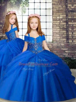New Arrival Royal Blue Straps Lace Up Beading Little Girls Pageant Dress Sleeveless