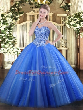 Wonderful Blue Sleeveless Tulle Lace Up 15th Birthday Dress for Military Ball and Sweet 16 and Quinceanera