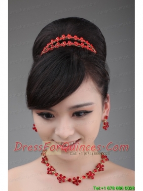 Red Rhinestone Wedding Jewelry Set Including Necklace Crown And Earrings