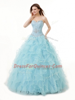 Light Blue Organza Lace Up 15th Birthday Dress Sleeveless Floor Length Beading and Ruffles