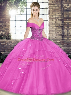 Floor Length Lilac Quinceanera Gown Tulle Sleeveless Beading and Ruffles