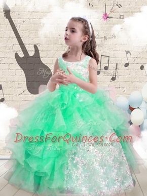 Modern Scoop Floor Length Lace Up Flower Girl Dress Apple Green for Party and Wedding Party with Beading and Ruffles