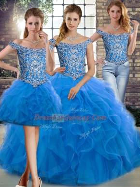 Blue Off The Shoulder Neckline Beading and Ruffles Quinceanera Dresses Sleeveless Lace Up