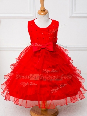 New Style Tea Length Zipper Little Girls Pageant Dress Wholesale Red for Wedding Party with Ruffled Layers and Bowknot