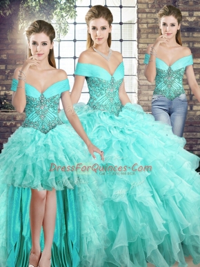 Aqua Blue Organza Lace Up Quinceanera Gowns Sleeveless Brush Train Beading and Ruffles