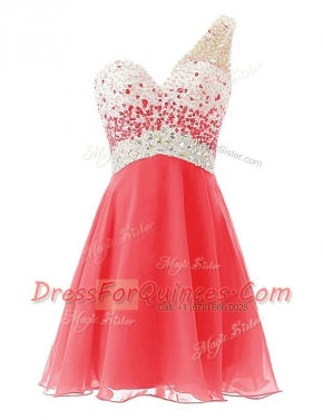 One Shoulder Sleeveless Chiffon Knee Length Criss Cross in Watermelon Red with Beading