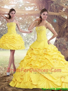 2015 Perfect Yellow Cheap Strapless Brush Train Quinceanera Dresses with Beading