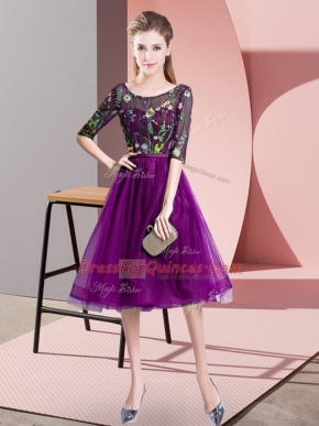 Purple Empire Scoop Half Sleeves Tulle Knee Length Lace Up Embroidery Quinceanera Court Dresses
