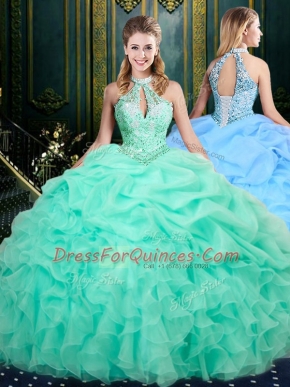 Glorious Apple Green Organza Lace Up Halter Top Sleeveless Floor Length Quinceanera Gowns Beading and Ruffles and Pick Ups