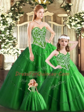 Simple Green Ball Gowns Sweetheart Sleeveless Tulle Floor Length Lace Up Beading Sweet 16 Dresses