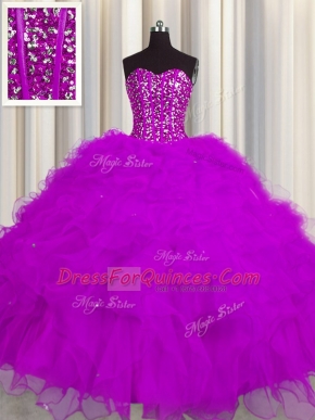 Modern Visible Boning Fuchsia Lace Up Sweetheart Beading and Ruffles and Sequins Quinceanera Gown Tulle Sleeveless