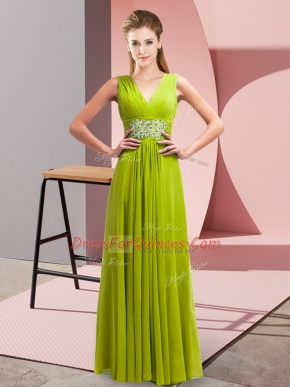 V-neck Sleeveless Lace Up Evening Dress Yellow Green Chiffon