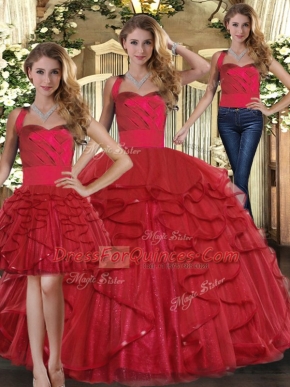 Red Straps Neckline Ruffles Ball Gown Prom Dress Sleeveless Lace Up