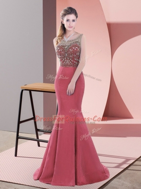 High Class Red Mermaid Beading Evening Dress Backless Satin Sleeveless
