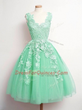 Exceptional Apple Green A-line Tulle V-neck Sleeveless Lace Knee Length Lace Up Damas Dress