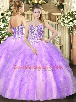 Perfect Beading and Ruffles Quinceanera Dress Lavender Lace Up Sleeveless Floor Length