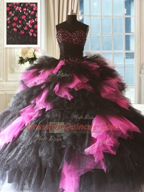 Pink And Black Sleeveless Tulle Lace Up Quinceanera Gowns for Military Ball and Sweet 16 and Quinceanera