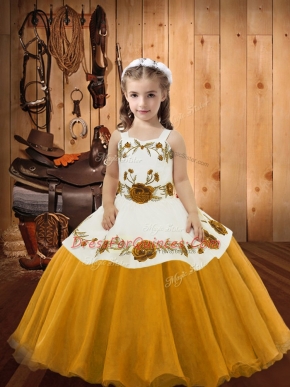 Embroidery Pageant Gowns For Girls Gold Lace Up Sleeveless Floor Length