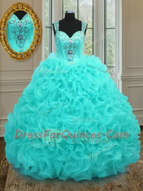 Admirable Floor Length Aqua Blue Quince Ball Gowns Straps Sleeveless Zipper