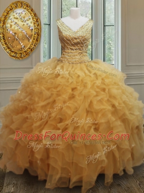 Low Price Gold Sleeveless Floor Length Beading and Ruffles Zipper Quinceanera Dress