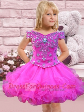 Elegant A-Line Off the Shoulder Mini-length Beading Hot Pink Little Girl Dress