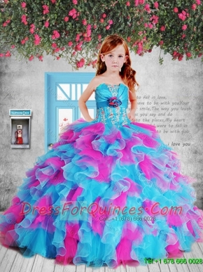 Pretty 2016 Summer Appliques Pink and Blue Litttle Girl Pageant Dress with Hand Made Flower and Ruffles