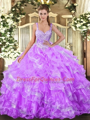 Affordable Lilac Lace Up 15 Quinceanera Dress Beading and Ruffled Layers Sleeveless Floor Length