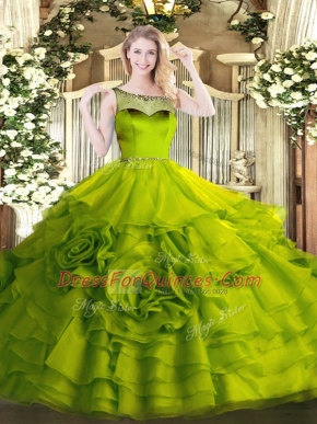 Fantastic Scoop Sleeveless Zipper Vestidos de Quinceanera Olive Green Organza