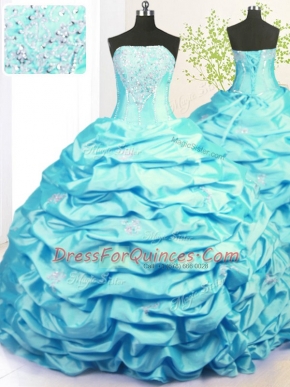 Aqua Blue Sleeveless Sweep Train Beading and Pick Ups With Train Vestidos de Quinceanera