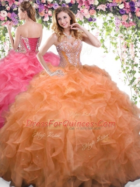 Fashion Orange Ball Gowns Sweetheart Sleeveless Organza Floor Length Lace Up Beading and Ruffles Quinceanera Gowns