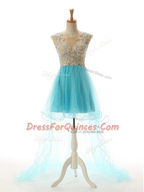 Custom Made Aqua Blue A-line Tulle Scoop Sleeveless Appliques High Low Backless Prom Gown