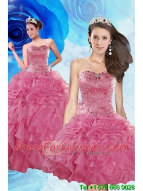 Elegant Coral Red Quince Dresses with Beading and Ruffles