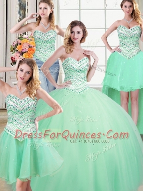 Four Piece Apple Green Sleeveless Floor Length Beading Lace Up Quince Ball Gowns
