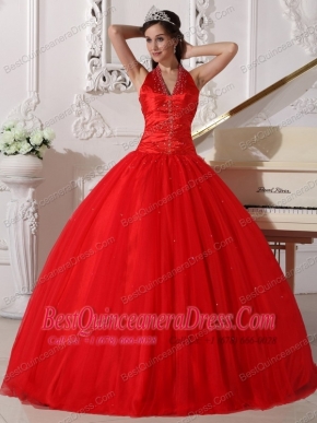 Red Ball Gown V-neck Floor-length Tulle Beading Quinceanera Dress