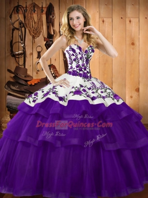 High Quality Sleeveless Organza Sweep Train Lace Up Quinceanera Gown in Purple with Embroidery