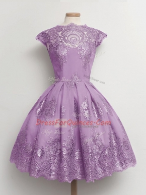Ideal Lavender Scalloped Lace Up Lace Quinceanera Dama Dress Cap Sleeves